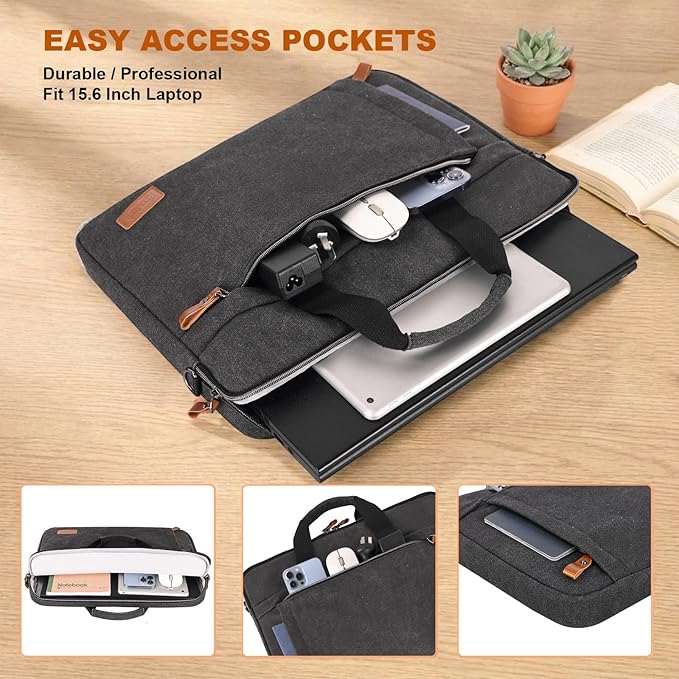 ESTARER Laptop Bag 15.6 Inch, Laptop Case for Men Water-resistant Canvas Computer Bag Fits Hp/Lenovo/Acer/Dell/Asus/MacBook, Dark Grey