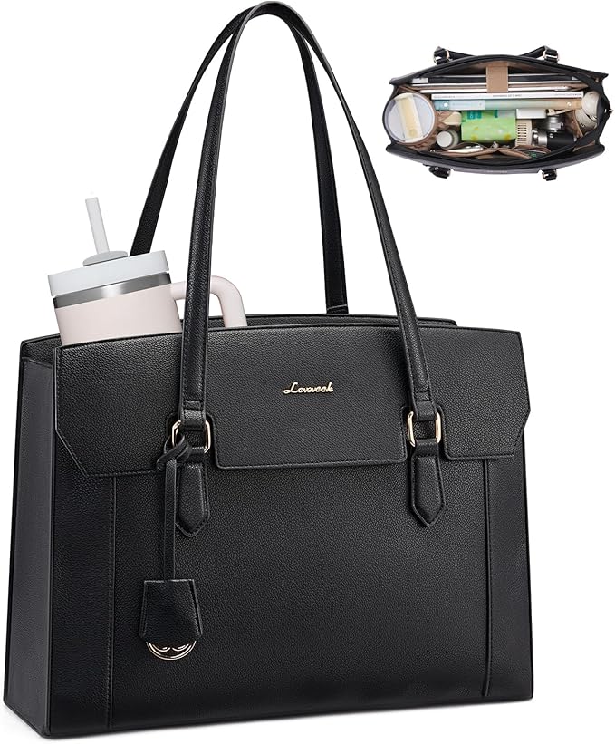 LOVEVOOK Laptop Tote Bag for Women,Computer Work Bag With Large Cup Holder,17.3 Inch Waterproof PU Leather Purse Briefcase for Teacher