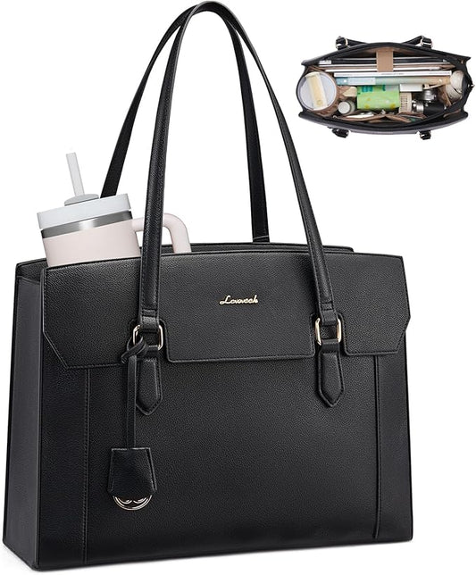 LOVEVOOK Laptop Tote Bag for Women,Computer Work Bag With Large Cup Holder,17.3 Inch Waterproof PU Leather Purse Briefcase for Teacher
