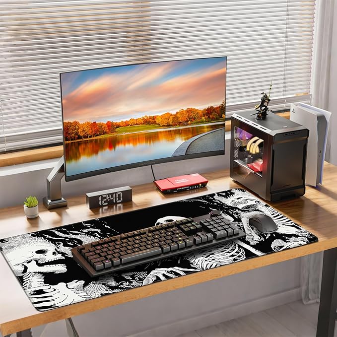 XXL Gaming Mouse Pad, Horror Skull Pattern Black and White, 35.4 x 15.7 Inches, Non-Slip Rubber Base, Waterproof Microfiber Cloth Surface