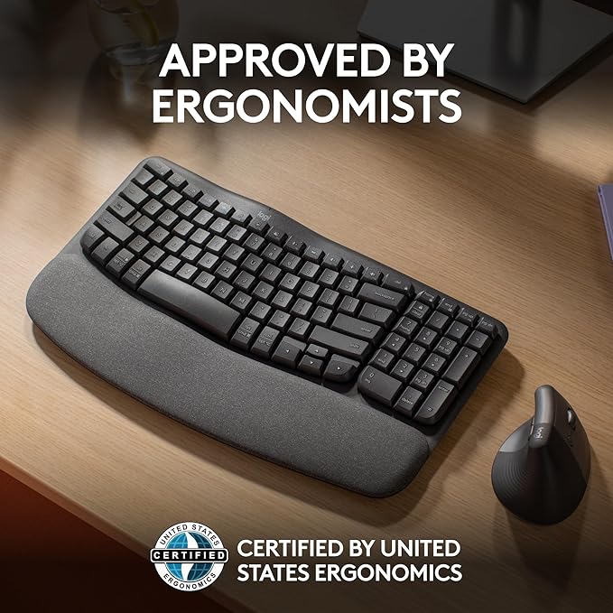 Logitech Wave Keys Wireless Ergonomic Keyboard with Cushioned Palm Rest, Comfortable Natural Typing, Easy-Switch, Bluetooth, Logi Bolt Receiver, for Multi-OS, Windows/Mac - Graphite