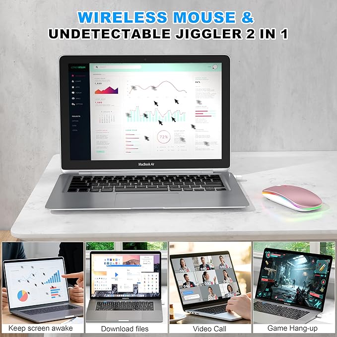 Mouse for MacBook, LED Bluetooth Wireless Mouse for MacBook Air Mac Pro iPad Laptop, Silent RGB Mice, 3 Mode BT 5.2 & 2.4G USB-A/USB-C Receiver Slim Portable Mice with Jiggler Mode, Rose Gold