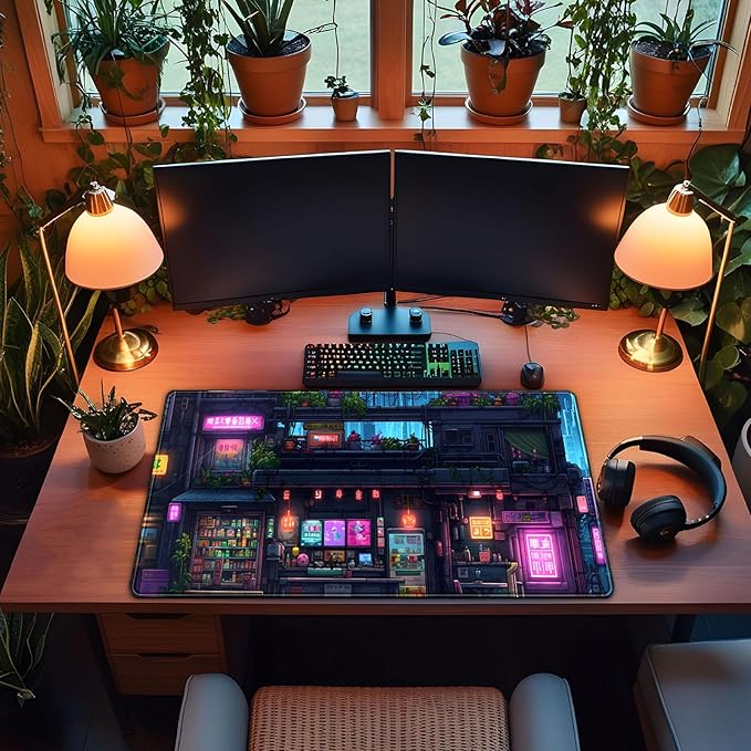 Cyberpunk Desk Mat 31.5''X15.7'' Neon Lights Desk Pad Large Gaming Mouse Pad Modern City Ramen Shop Extended Mousepad XXL Japanese Keyboard Mouse Mat for Computer Laptop Gamers