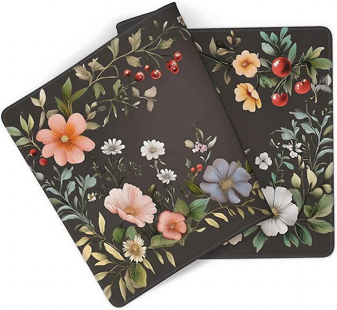 Cute Floral Aesthetic Wildflower Gaming Mouse Pad, Dark Charcoal Cottagecore Desk Mat with Anti-Slip Base & Stitched Edges, Computer Keyboard & Laptop Pad, 35.4" x 15.7" in in Workstation Accessories