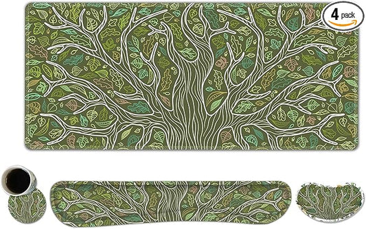 ToLuLu Desk Mat, Gaming Mouse Pad Wrist Support 4 in1 Set, XXL Large Mouse Pad + Keyboard Wrist Rest + Memory Foam Cushion Mouse Wrist Rest for Pain Relieve + Coaster Table Computer PC, Green Leaves