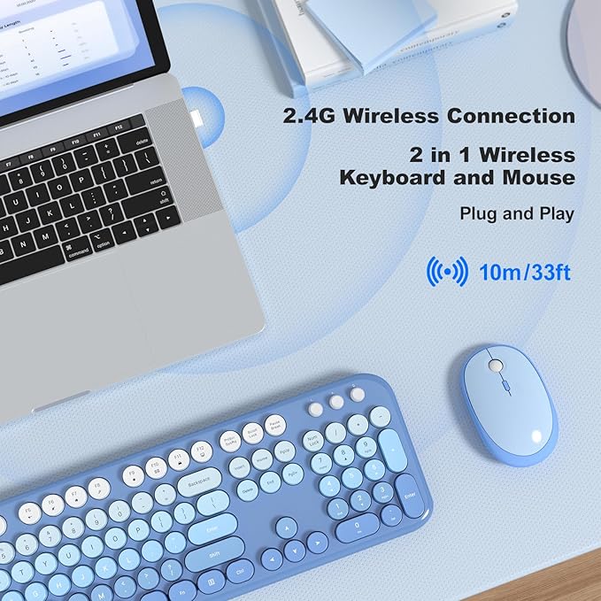 Wireless Keyboard Mouse Combo, Typewriter Full Size Keyboard with Number Pad and 2 in 1 USB Connected Mouse for PC Computer Laptop Desktop Windows 7 8 10 11 (Blue Colorful)