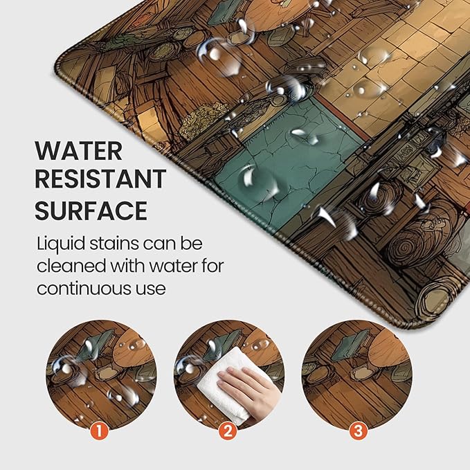 Extended Keyboard and Mouse pad, Fantasy Tavern Pattern, 35.4 x 15.7 Inch, Gaming Desk mat with Non-Slip Base and Waterproof Finish, Suitable for Home Office and workstations.