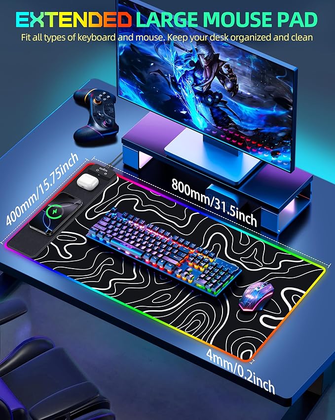 Wireless Charging Mouse Pad, RGB Gaming Mousepad, 31.5"x15.7" Extra Large Desk Pad, 13 Light Modes, Non-Slip Base, Waterproof Computer Keyboard Mat for MacBook, PC, Laptop, Black Topographic Line