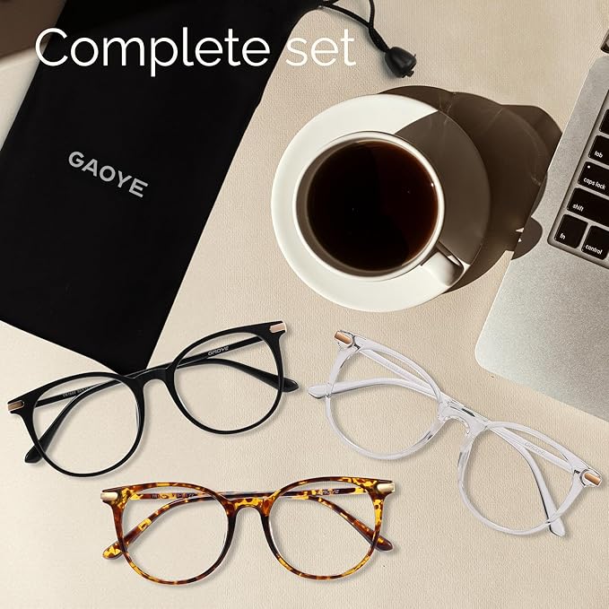 Gaoye 3 Pack Blue Light Blocking Glasses, Retro Round Eyewear Frame Anti Eyestrain Computer Glasses for Women Men - GY1688 (Black+Tea Leopard+Transparent)