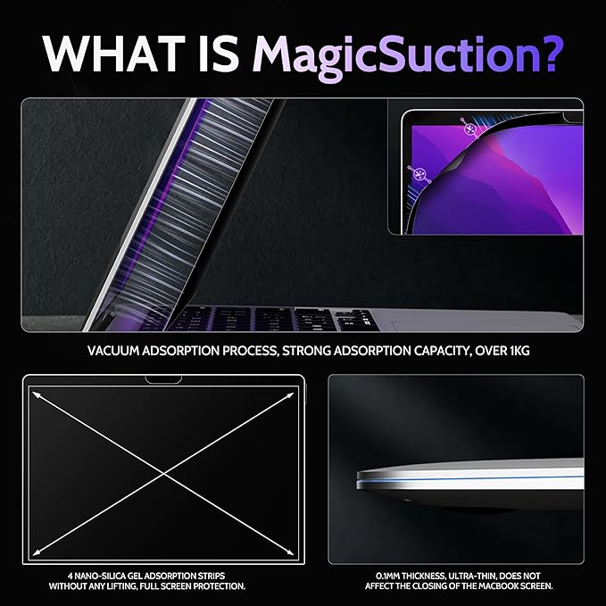 Peslv Privacy Screen for MacBook Pro 13 In (2016-2022, M1, M2) & MacBook Air 13 Inch (2018-2021, M1), MagicSuction™ Removable Anti Spy Black Protector, Glare Blue Light Filter for Mac Laptop Computer