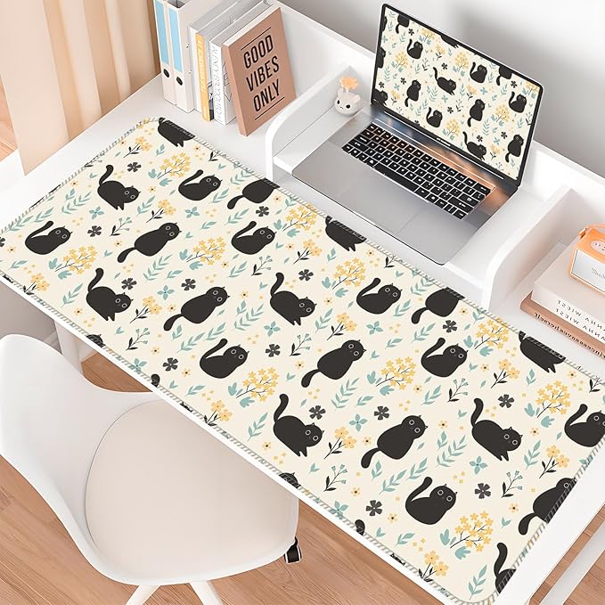 Desk Mat,Big Desk Pad,31.5 x 11.5in Extended Gaming Mouse Pad,Large Mouse Pad for Desk Rubber Base Mousepad with Stitched Edges,Keyboard Mouse Mat for Work Game Office Home - Cat in Flower