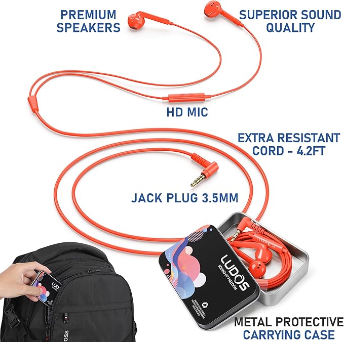 LUDOS FEROX Wired Earbuds in-Ear Headphones, 5 Year Warranty, Earphones with Microphone, Noise Isolation Corded for 3.5mm Jack Ear Buds for iPhone, Samsung, Laptop, Kids, School Students - Coral