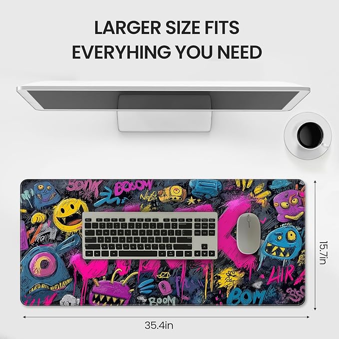 35.4 x 15.7 inches，Extra Large Gaming Mouse Pad，with Fun Graffiti Artwork Desk Mat, School, and Home Decoration，Mouse Pads for Workstation, Striking Text Design Features a Non-Slip Rubber Base