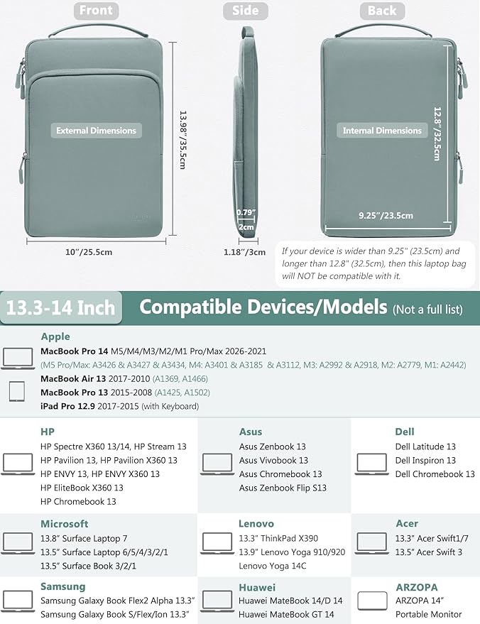 HYZUO 13.3-14 Inch Laptop Bag Sleeve for MacBook Pro 14 M5 M4 M3 M2 M1 Pro/Max A3426 A3427 2026-2021, MacBook Air/Pro 13.3, 13.8"-13.5" Surface Laptop/Book, Notebook Case for 13" Dell HP, Ash Blue