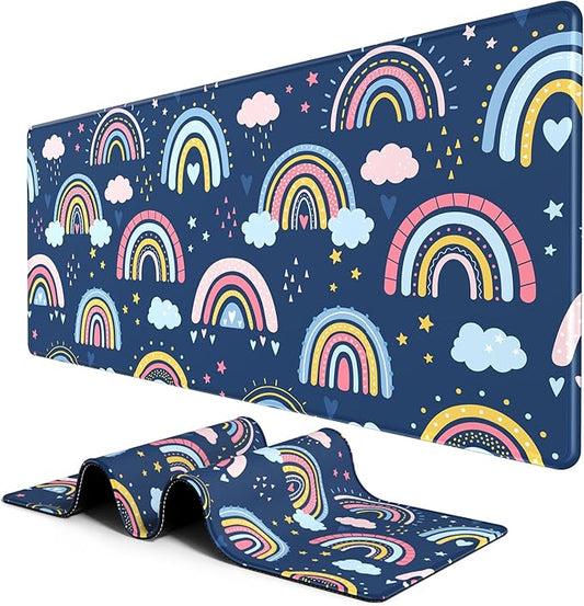 BOSOBO Large Mouse Pad, Desk Pad, XXL XL Extended Gaming Mouse Pad, Desk Mat for Office & Home, Long Keyboard Mat, Huge Mouse Pad, Desktop Full Cover 35.5 x 15.7 Inches, Colorful Rainbow Clouds