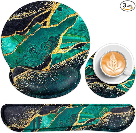 Mouse Pad Green with Wrist Rest Set, 3-in-1 Wrist Support Mousepad Set, Gaming Mat Pad with Anti-Skid Base,Ergonomic Mouse Pad,Memory Foam Gel Wrist Rest for Computer Keyboard