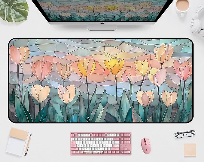 Faux Colorful Glass Desk Mat, Tulip Long Mouse Pad, Large Gaming Computer Keyboard Mats, Soft Full Deskamt, Office Desktop Cover Pad, Aesthetic Desk Accessories, Suitable Women 31.5"X15.7"