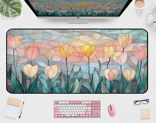 Faux Colorful Glass Desk Mat, Tulip Long Mouse Pad, Large Gaming Computer Keyboard Mats, Soft Full Deskamt, Office Desktop Cover Pad, Aesthetic Desk Accessories, Suitable Women 31.5"X15.7"