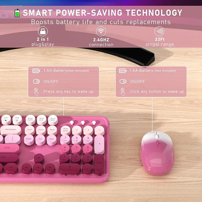 Wireless Keyboard and Mouse, Full-Size Retro Typewriter Keyboard with Round Keycaps, 2.4GHz for Windows, Mac, Laptop, PC, Desktop (Dark Pink Gradient)
