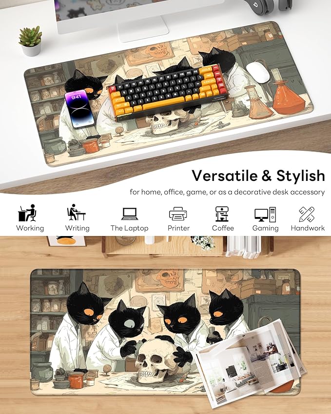 XL Gaming Mouse Pad, 31.5x15.7'' Large Desk Mat with Anti-Slip Rubber Base & Stitched Edges for Gaming, Office, Home - Professor Cat