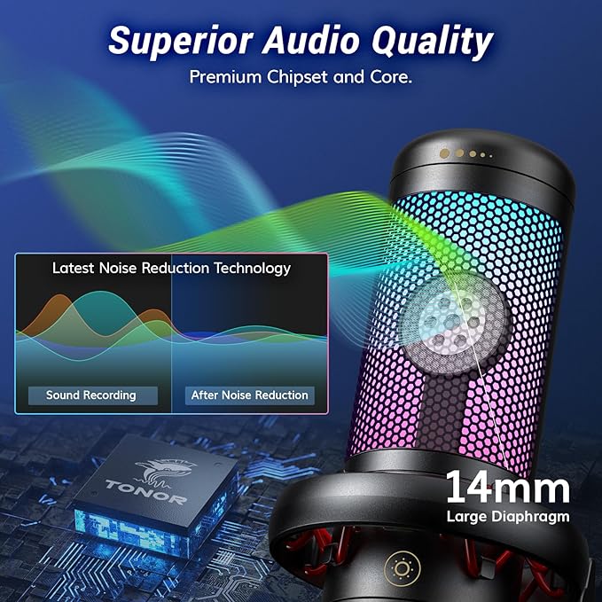 TONOR Gaming Microphone Set with Boom Arm, Vocal Condenser Microphone for PC with Stand, USB Mic with controllable RGB Light, One Tap Mute, Volume Control, for Discord, Twitch Streaming, TC310+
