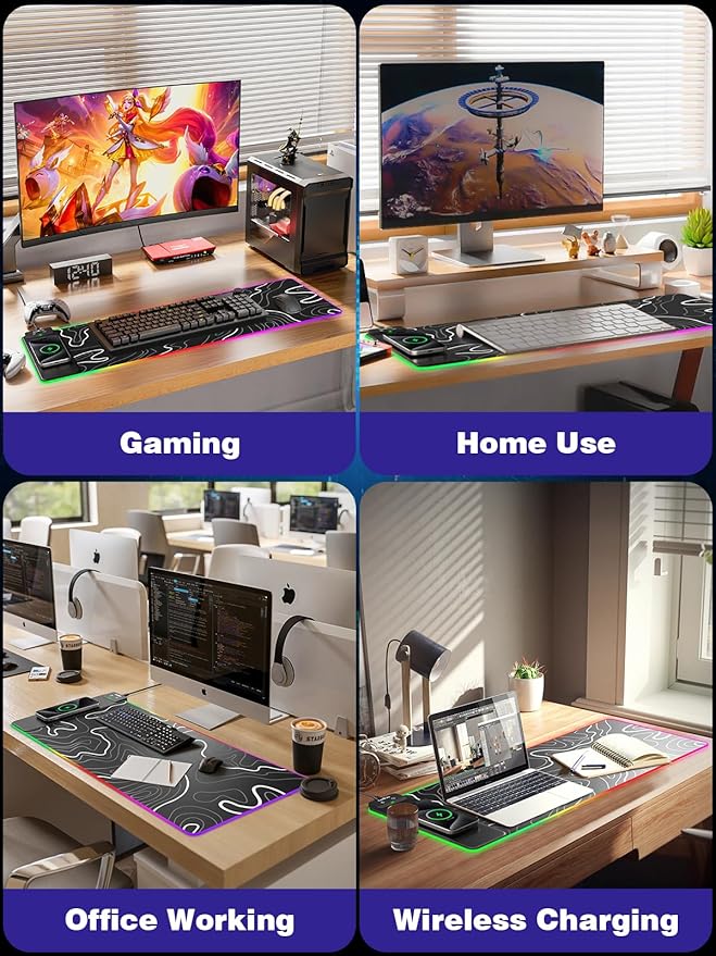 Wireless Charging RGB Gaming Mouse Pad, 31.5"x15.7" XXL Large Desk Mat, Desk Pad for Gamer, 9 Light Modes, Non-Slip Rubber Base, Waterproof, Computer Keyboard Mat, Black