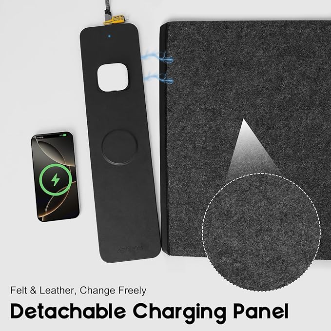 Wireless Charging Mouse Pad with 2nd Gen Tech, 3-in-1 25W Fast Charger, Replaceable Felt & Leather Desk Mat, for Office & Gaming, Large Waterproof Desk Pad for Office & Gaming(Felt)