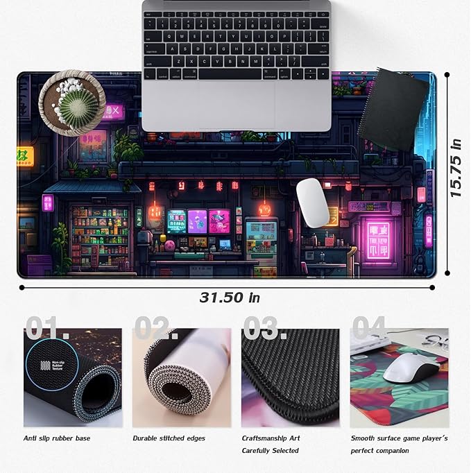Cyberpunk Desk Mat 31.5''X15.7'' Neon Lights Desk Pad Large Gaming Mouse Pad Modern City Ramen Shop Extended Mousepad XXL Japanese Keyboard Mouse Mat for Computer Laptop Gamers
