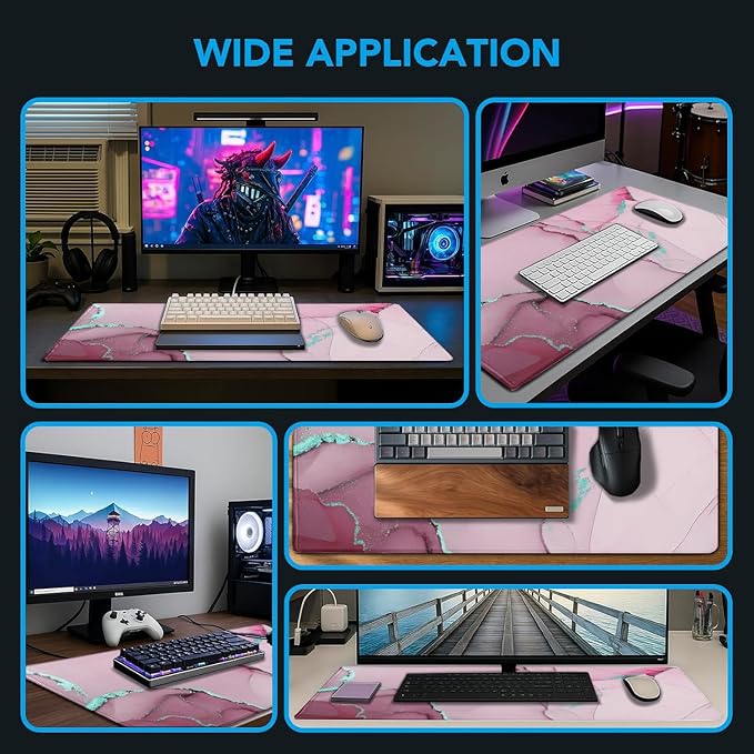 Large Mouse Pad, Gaming Pad with Non-Slip Rubber Base, Waterproof Mousepad with Stitched Edges, XXL Computer Long Keyboard Mouse Mat for Gamer, Office & Home, 31.5" x 15.7", Marble Pink