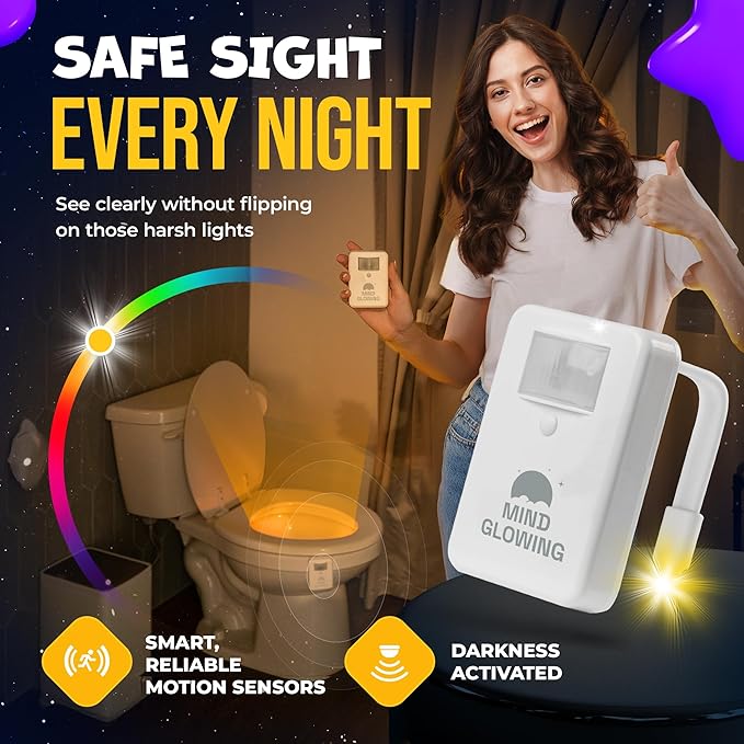 Mind-Glowing Toilet Bowl Night Light with Motion Sensor, Color Changing LED and Dimmer - Funny Christmas Gag Gift for Men, Women, Dad, Mom - 2025 Stocking Stuffers for Him, Her (2 Pack)