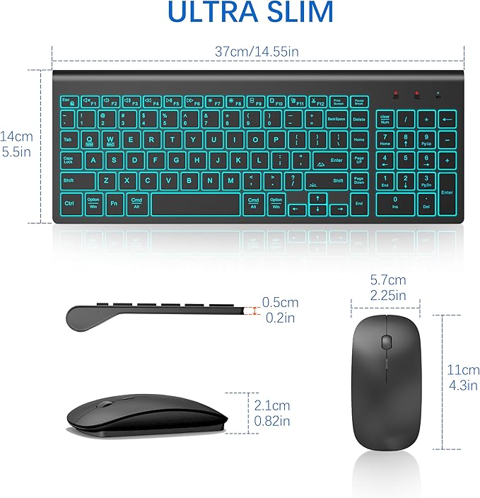 Wireless Keyboard and Mouse Ultra Slim Combo, TopMate 2.4G Silent Compact USB 2400DPI Mouse and Scissor Switch Backlit Keyboard Set, for PC/Laptop/Windows/Mac/Gaming - Matte Black
