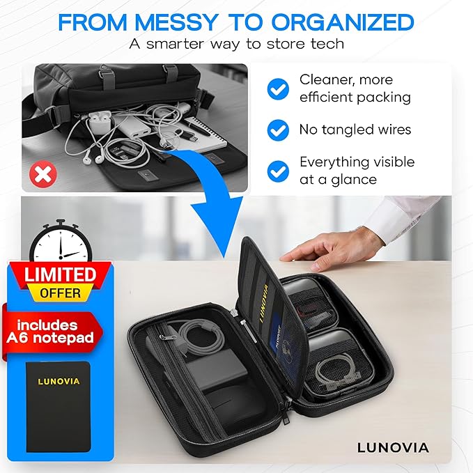 Hard Shell Tech Organizer – Protective Travel Case for Cables, Chargers & Accessories | Mid-Size Electronics Organizer with Removable Pouches
