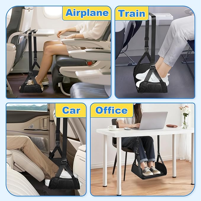 Airplane Foot Hammock for Plane Travel, Detachable Bamboo Airplane Foot Rest for Long Flight, Desk Foot Hammock Travel Essentials with Extended Adjustable Strap to Relax Your Feet - 2 Pack