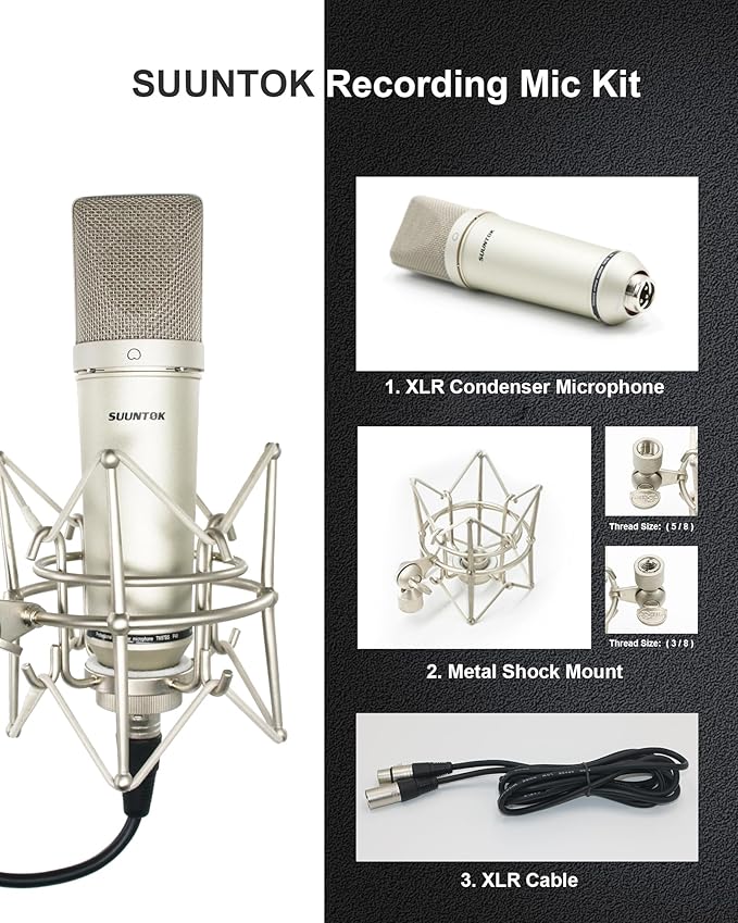 XLR Microphone, Professional Condenser Microphone with 34mm Large Diaphragm, Cardioid Studio Recording Mic Computer Gaming PC TM87KB Mic Kit for Singing, Podcasting, YouTube (Silver)