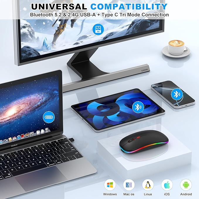 Bluetooth LED Wireless Mouse for MacBook Air iPad Pro Mac Laptop PC - Slim RGB Wireless Mouse, 3 Mode BT 5.2 & 2.4G USB-A/Type-C Connectivity Portable Mice with Jiggler Mode, Matte Black