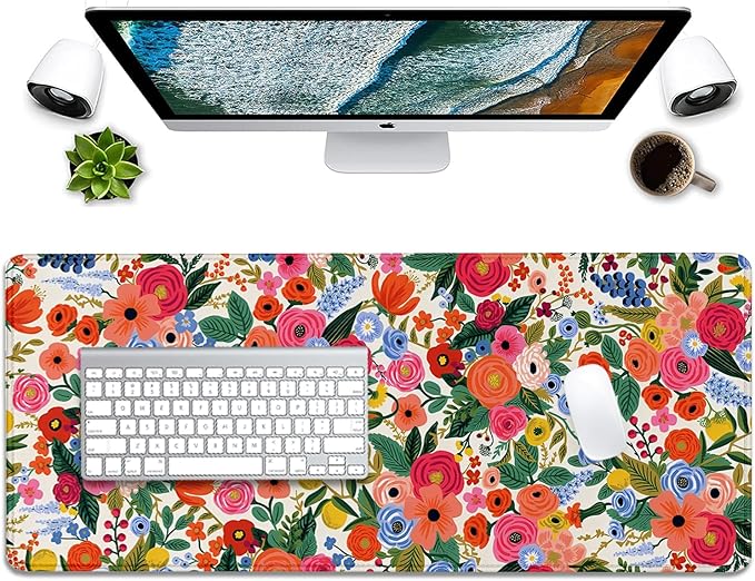 Garden Party Extended Desk Pad Flowers Mouse Pad,Gaming Desk Pad with Stitched Edges Non-Slip Rubber Base Extended XL Mousepad Big Desk Mat for Office Home Work(27.5X11.8 Inch)