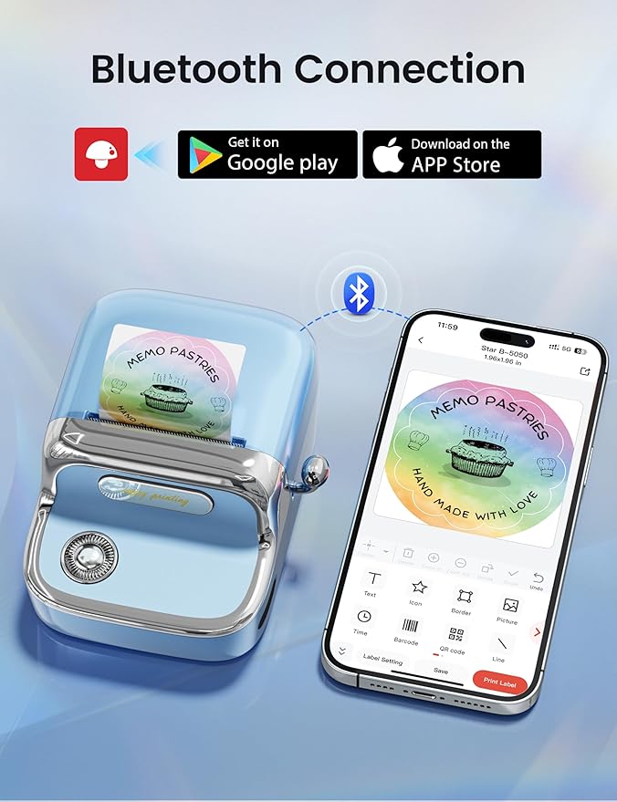 Phomemo M150 Label Maker - 2" Bluetooth Thermal Printer, 203DPI Auto-Return, 700+ Templates, Works with Phone/PC