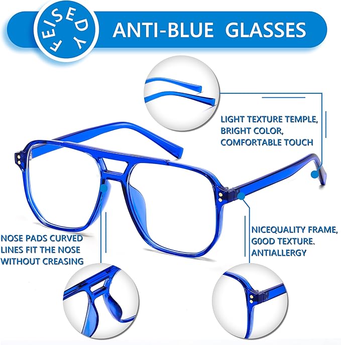 FEISEDY Blue Light Blocking Glasses Fake Nerd Clear Square Computer Lightweight Pilot Glasses Frame Oversized B2866