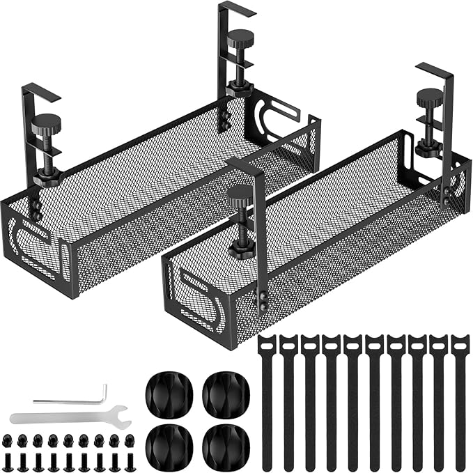 Cable Management, 2 Pack Cable Management Under Desk No Drill, Metal Cord Organizer with Clamp for Standing Desk, Cable Organizer for Home Office, Black by Unknown