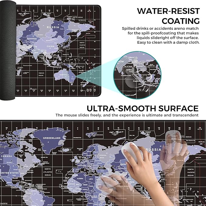 TIDALSOIL World Map Mouse Pad XXL 35.4 x 15.7 Inch – Oversized Extended Large Desk Pad with Non-Slip Base, Stitched Edges Mousepad, Smooth Surface for Keyboard, Mouse, Office, Gaming and Work
