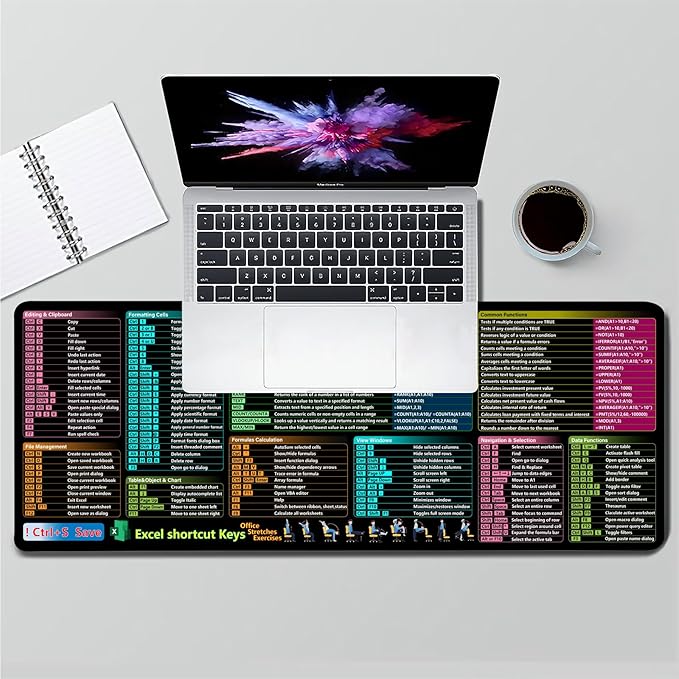 Excel Cheat Sheet Desk Pad, XL Large Gaming Mouse Pad, Waterproof Computer Keyboard Mats with Stitched Edges, Non-Slip Rubber Base Laptop Mat for Excel Shortcuts Mousepad Home & Office 31.5" x 11.8"