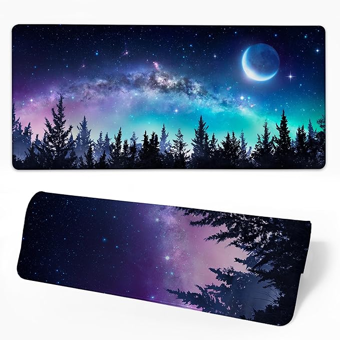Desk Mat Moon Starry Sky Desk Pad for Keyboard and Mouse, Large Big Gaming Mouse Pad with Stitched Edges for Work Game, 35.43 x 15.75 in
