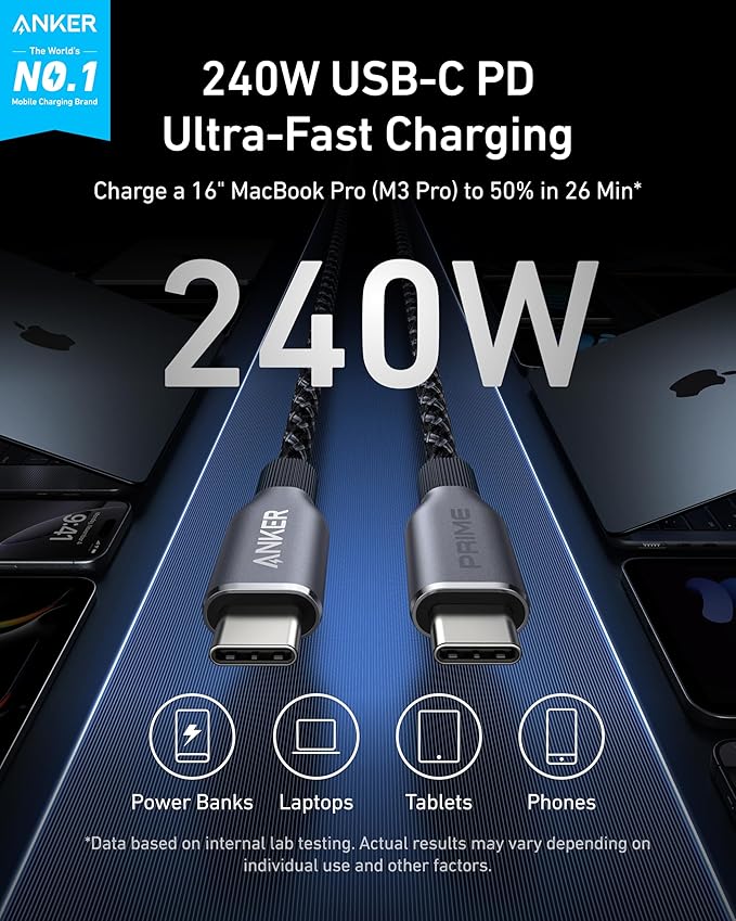 Anker Prime USB C to USB C Cable, 240W Fast Charging Cord&Anker Prime Power Bank, 9,600mAh Battery Pack with 65W Output