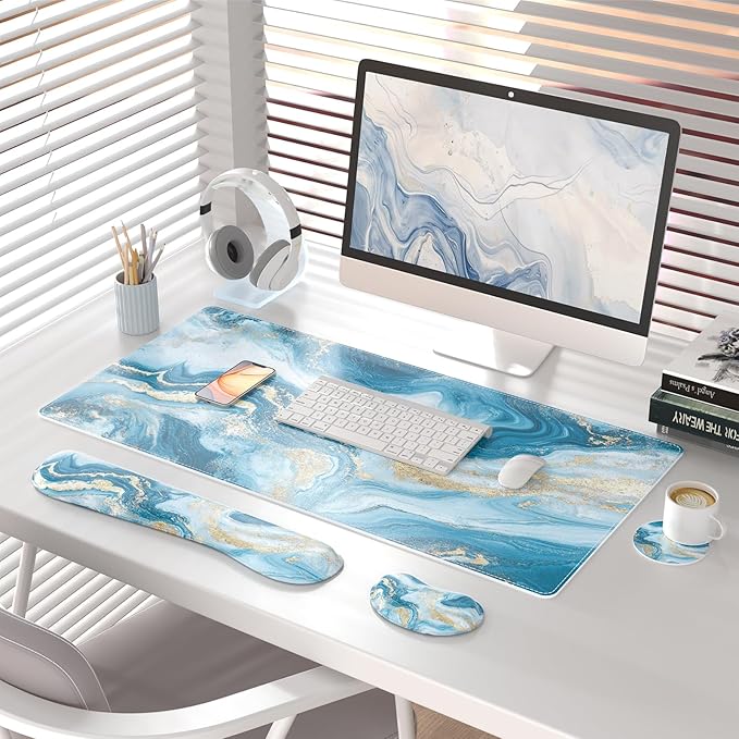 QiyI Leather Desk Mat Set, 4-in-1 Large Mouse Pad with Wrist Rest, Non-Slip Desk Pad + Keyboard Wrist Rest + Mouse Wrist Support + Coaster, Office Desk Accessories Home Decor Supplies, Blue Fluid Art