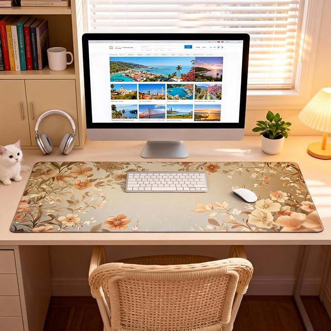 Cute Floral Aesthetic Daisy Gaming Mouse Pad, Muted Green Dreamy Desk Mat with Anti-Slip Base & Stitched Edges,35.4" x 15.7" in Desk Accessories for Women, Home Office Decor & Artistic Gift