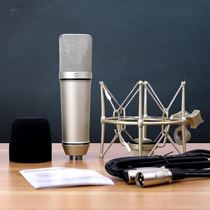 Melon Audio MA-87 Studio Condenser Microphone, 26mm Gold Large Diaphragm Capsule, Including Foam Filter, Metal Shock Mount, XLR Cable and Mic Bag - for Singing, Vocal Recording and Podcasting