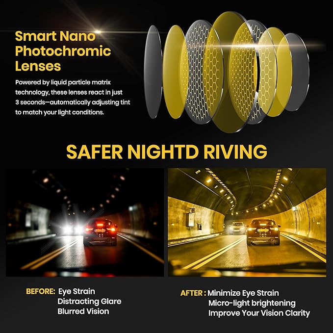 Cyxus Night Vision Glasses for Driving, TR90 Blue Light Blocking Glasses, Photochromic Anti Glare Night Driving Glasses for Men Women, UV Protection Day Night Use Eyewear 8208