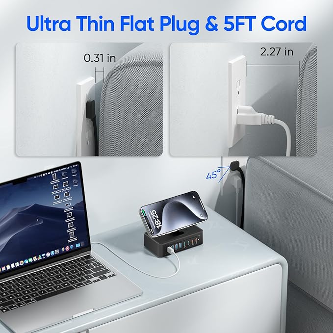 200W USB Charging Station, 11-in-1 USB C Power Strip Surge Protector, 2AC Outlets & 8USB Ports, 5ft Flat Plug Extension Cord with Multiple Devices, Desktop Charger for Home Office Desk Accessories