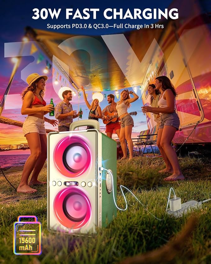 Bluetooth Speaker, 240W Peak Loud Party Speaker with Big Bass, 20H Playtime, TWS, BT5.3, Large Portable Wireless Boom Box with LED Light for Outdoor Backyard Beach Home (Leather Green)