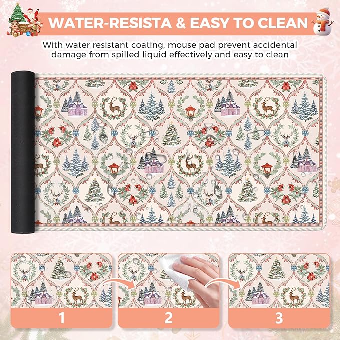 iCasso Christmas Desk Mat, Beige Mouse Pad, Desk Protector Mat, Extra Large Office Matt for Desktop,Anti-Slip XXL Big Mousepad with Stitched Edges for Computer Keyboard
